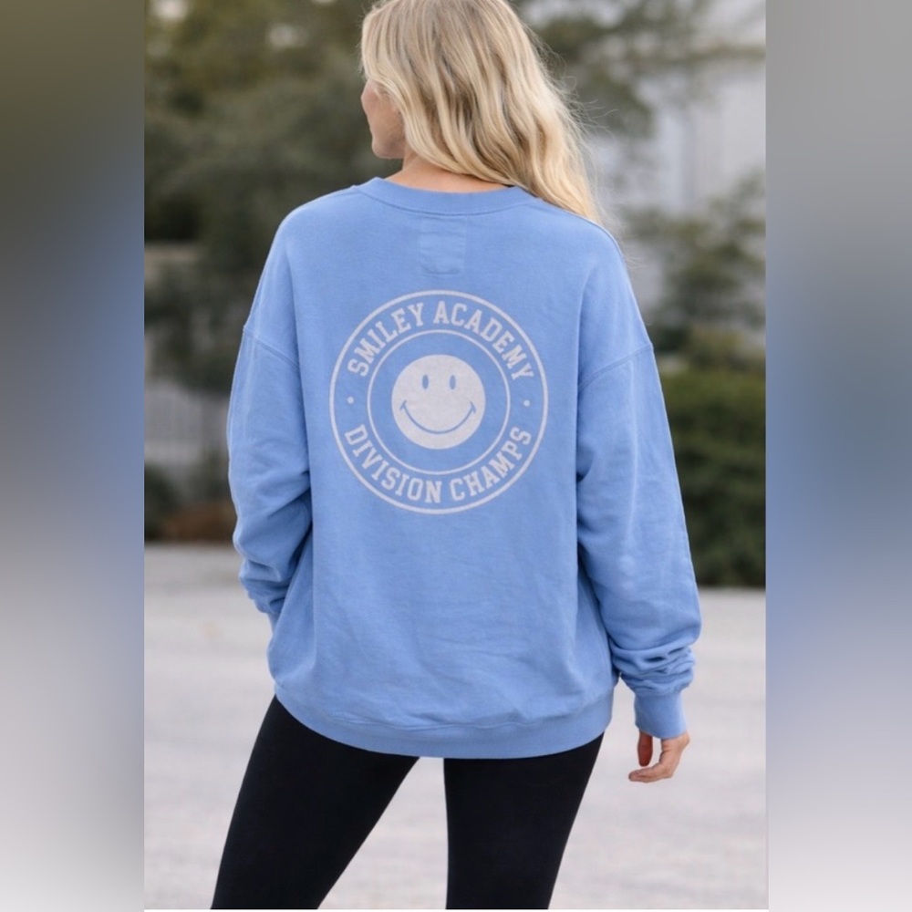 Aerie Baby Blue Cotton Smiley Real Longline Balloon Sleeve Lounge Crewneck